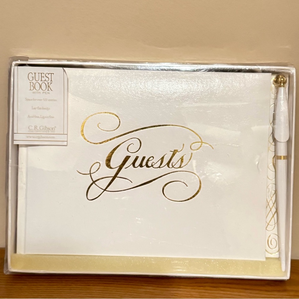 C.R. Gibson Guest Book Gold Foil on Pearl White Padded with Pen NEW